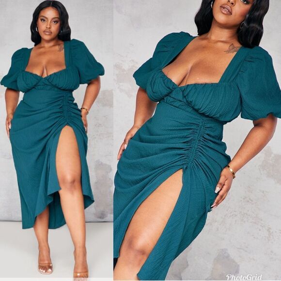 Prettylittlething EMERALD GREEN PUFF SLEEVE RUCHED SIDE SPLIT MIDI DRESS - Picture 1 of 7